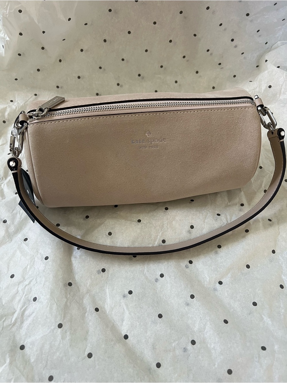NWT Kate Spade Roulette Mini Barrel Bag Light Sand Suede Crossbody